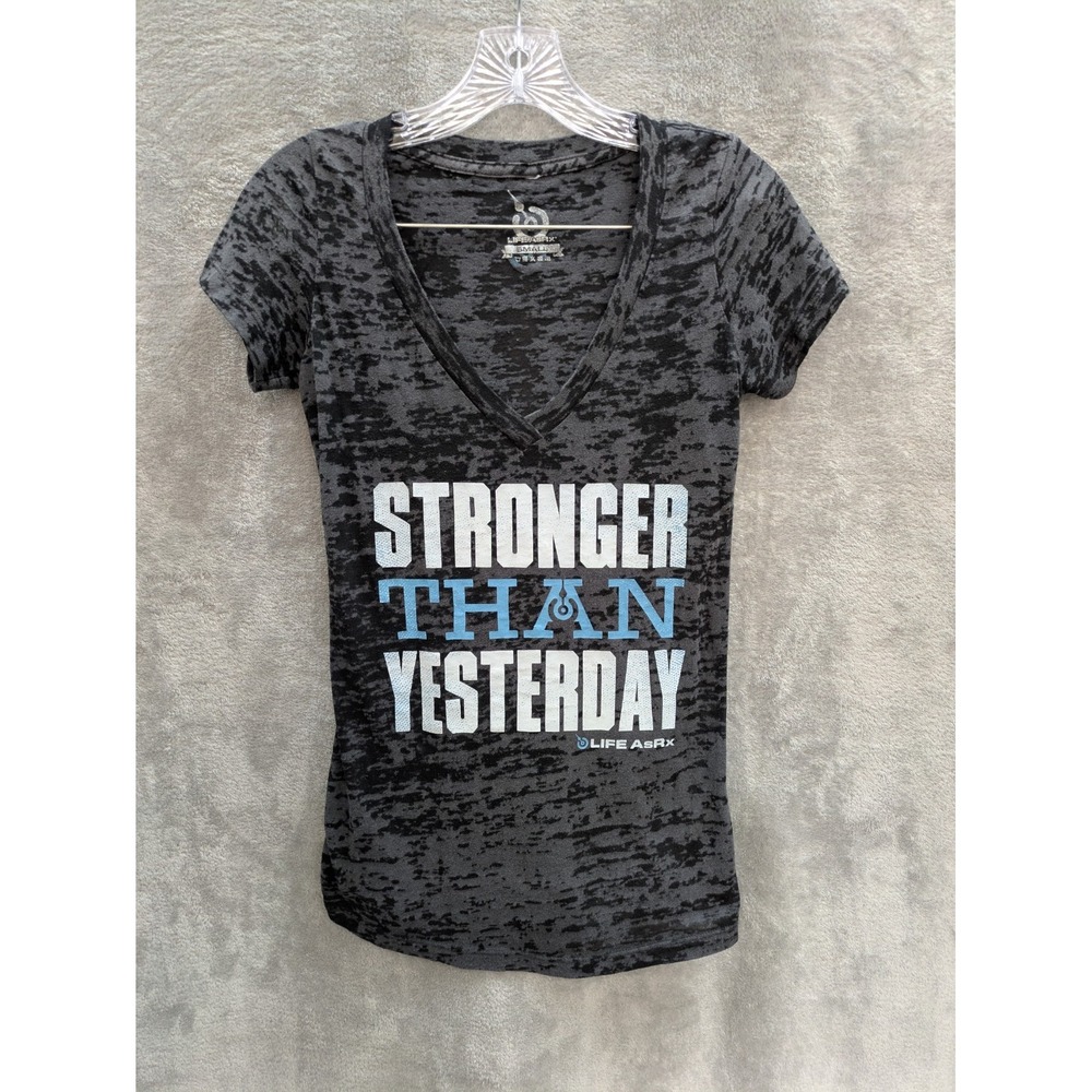 LIFEAsRx Womens S Black Gray Burnout Tee V-Neck Athletic Graphic Workout Top